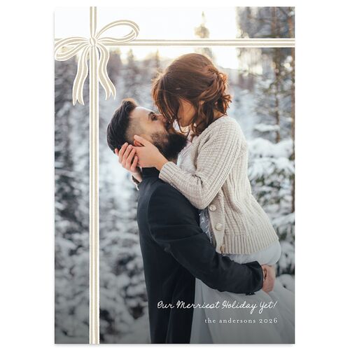 Striped Bow Photo Holiday Cards Pure White Signature Blank Standard Portrait