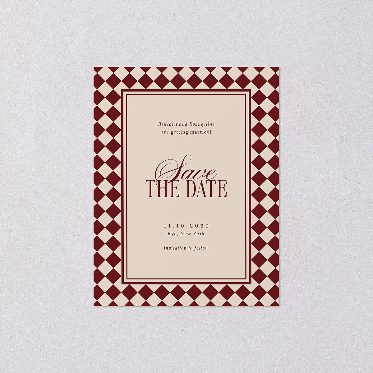 Elegant Diamond Pattern Save the Date Petite Cards Burgundy Signature smooth Blank No Standard
