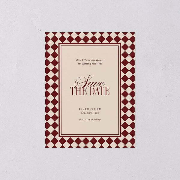 Elegant Diamond Pattern Save the Date Petite Cards Burgundy Signature smooth Blank No Standard