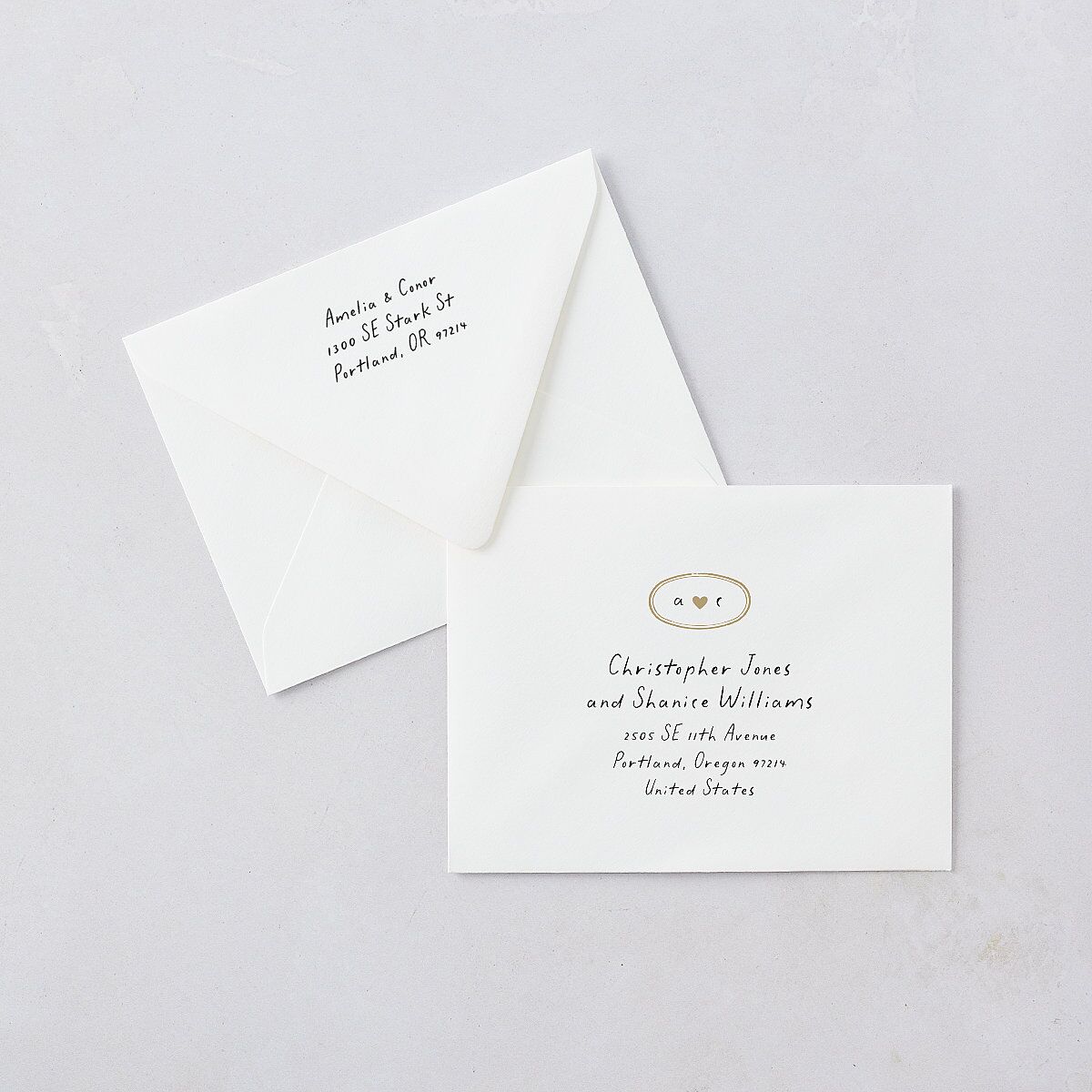 Handwritten Photo Faux Postcard Save the Date Petite Card Euro Envelopes White Sand Both Recipient and Return Addresses Luxe Signature