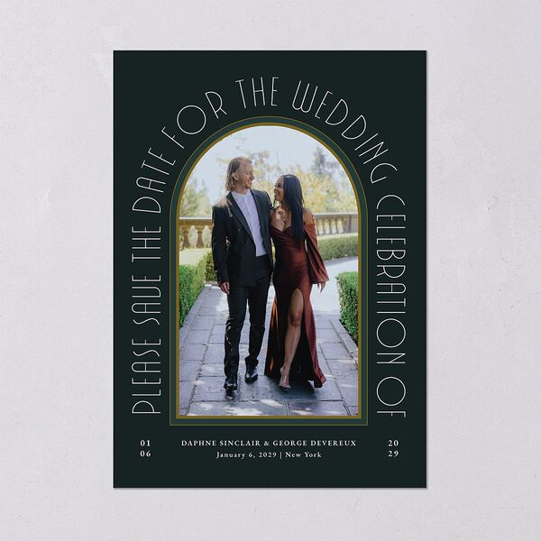 Gatsby Deco Arch Save the Date Cards Dark Emerald Signature smooth Blank No Standard