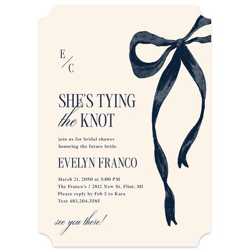 Whimsical Hand Drawn Bow Bridal Shower Invitations Moody Blue Signature Blank Ticket