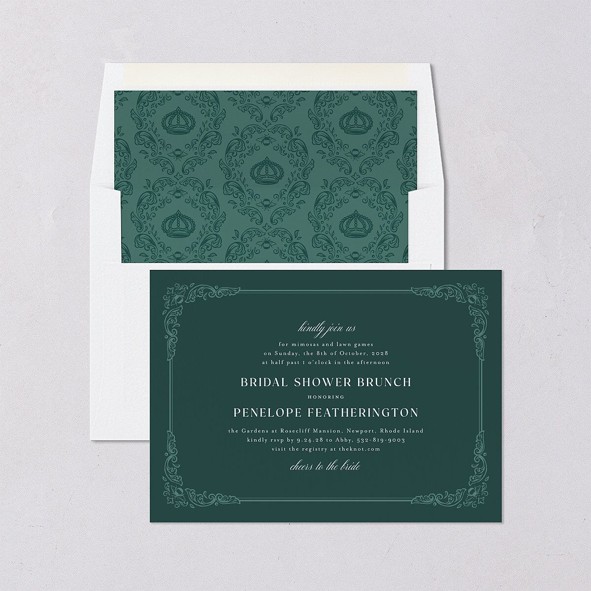 Glamorous Crown Monogram Crest Bridal Shower Invitations by Bridgerton Deep Lake Signature Blank Standard