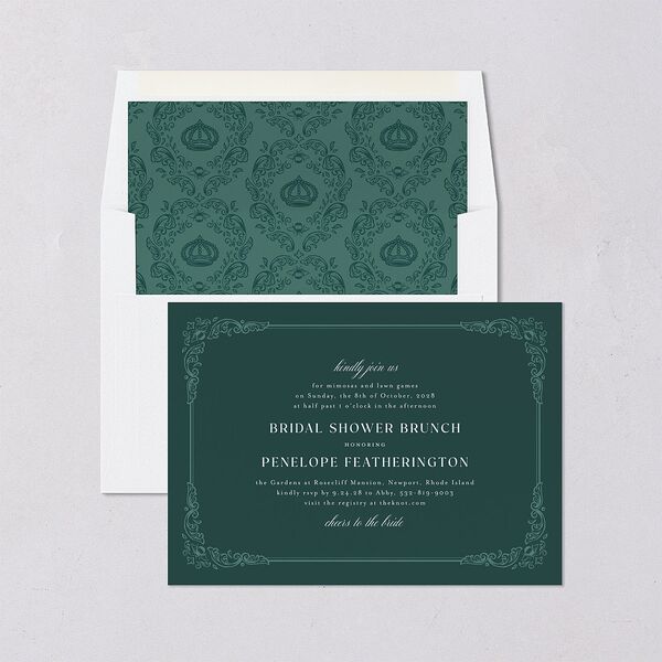 Glamorous Crown Monogram Crest Bridal Shower Invitations by Bridgerton Deep Lake Signature Blank Standard
