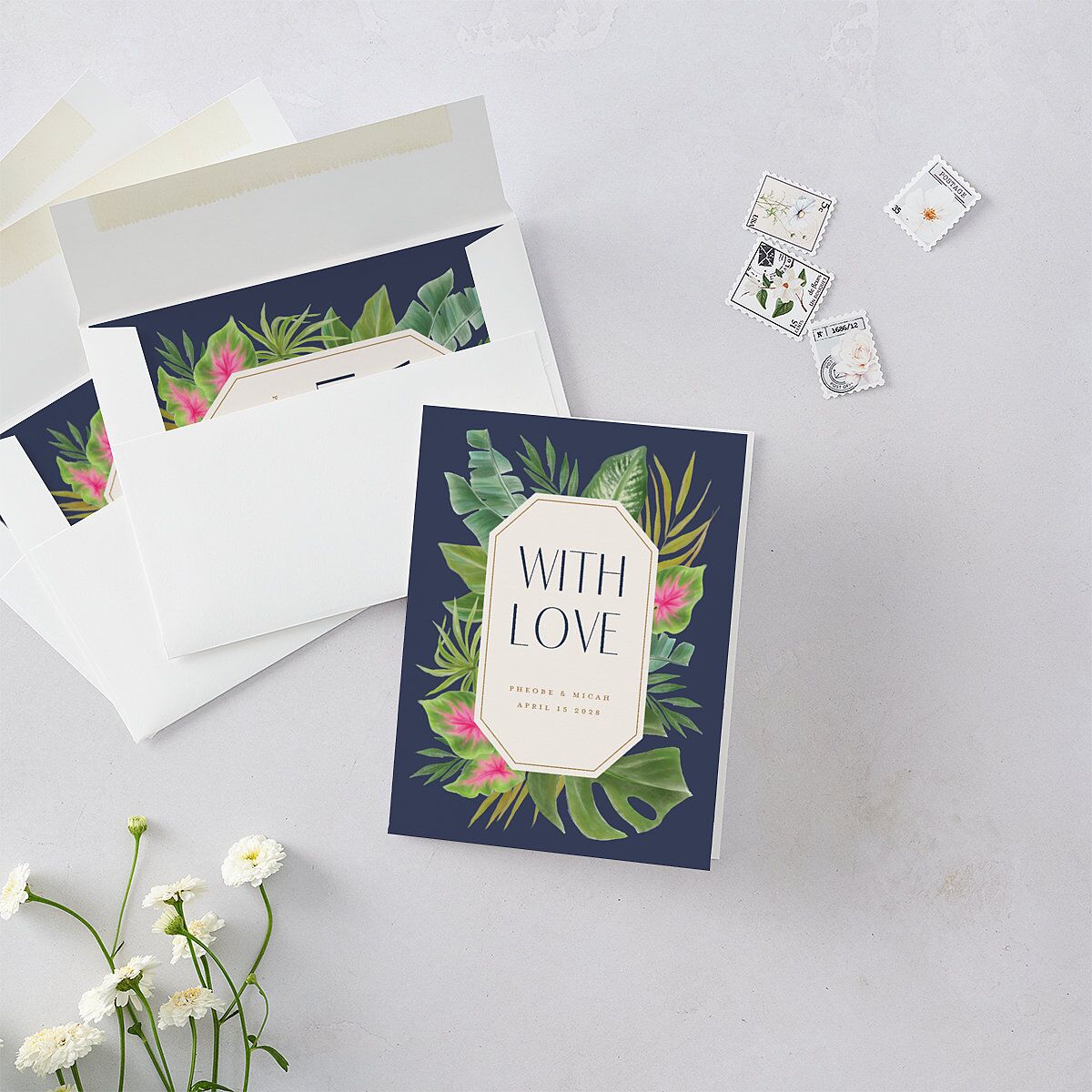 Hawaiian Tropical Monstera Frame Thank You Cards Moody Blue