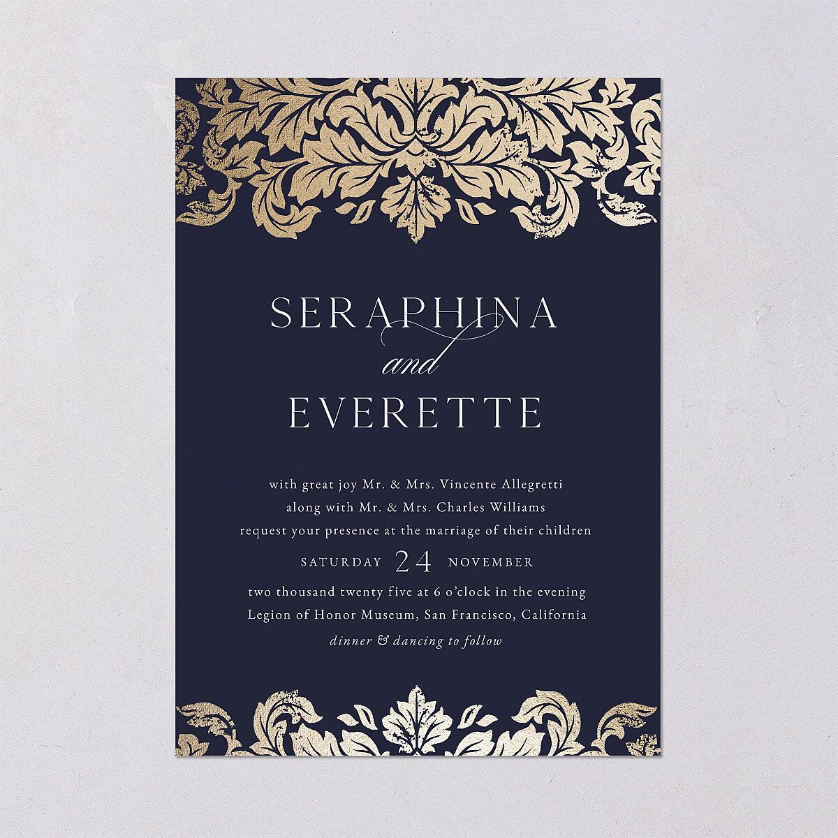 Elegant Damask Wedding Invitations Gold Navy Signature Blank No Standard