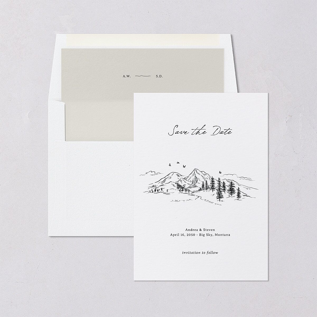 Elegant Mountain Monogram Save the Date Cards Pure White Signature smooth Blank No Standard