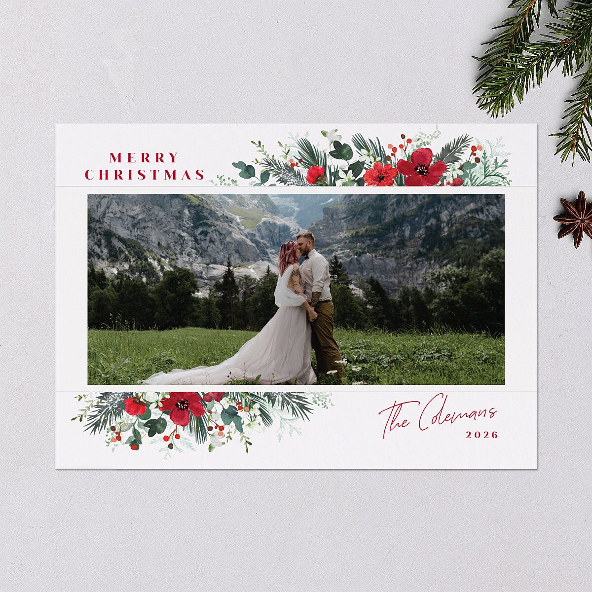 Holiday Botanical Holiday Cards Crimson Signature Blank Landscape Standard