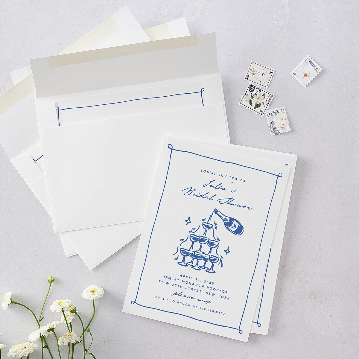 Hand Drawn Cake Bridal Shower Bridal Shower Invitations French Blue Signature Blank Ticket