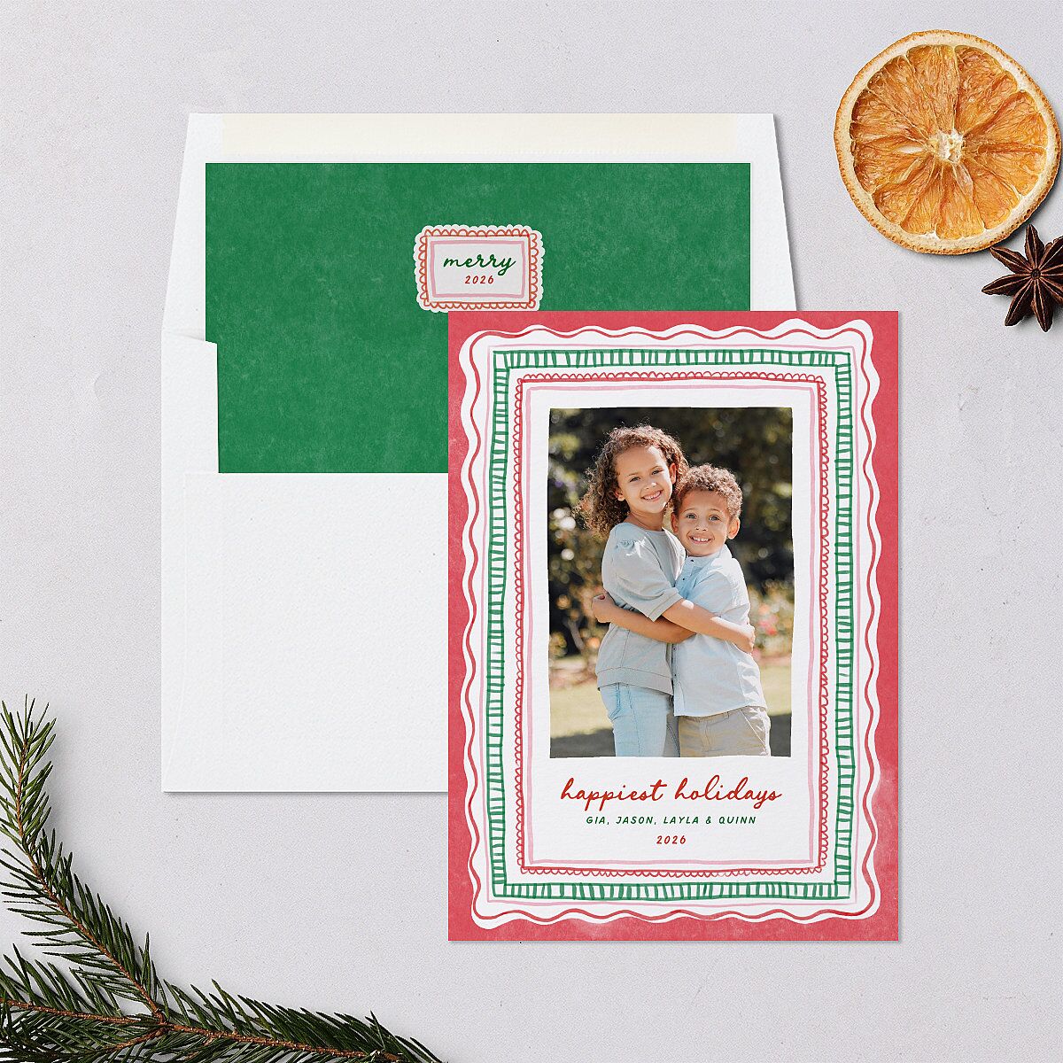 Whimsical Painted Holiday Border Holiday Cards Scarlet Signature Blank Portrait Standard