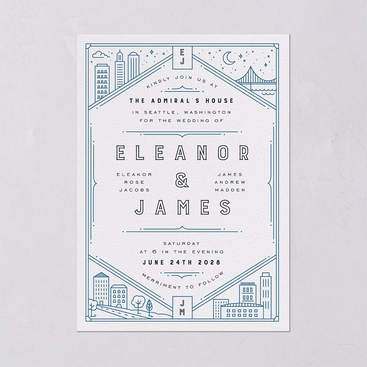 Iconic City Wedding Invitations Moody Blue Signature Blank No