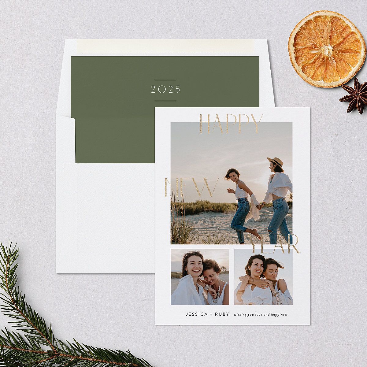 Modern New Year Holiday Cards Gold Dark Camo Signature Blank Standard Portrait