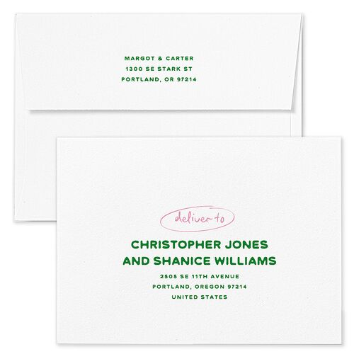 Whimsically Retro Handwritten Note Wedding Invitation Envelopes Kelly Green White Both Recipient and Return Addresses Standard Signature