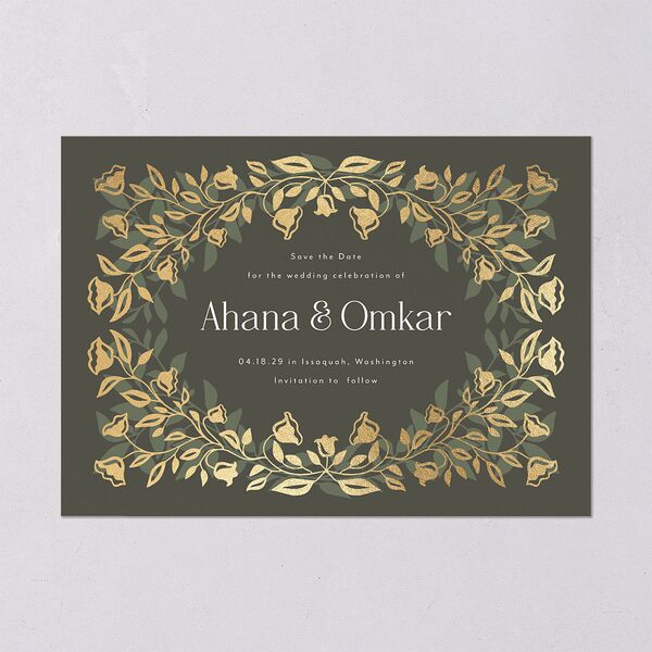 Rustic Nouveau Save the Date Cards Gold Hunter Green Signature smooth Blank No