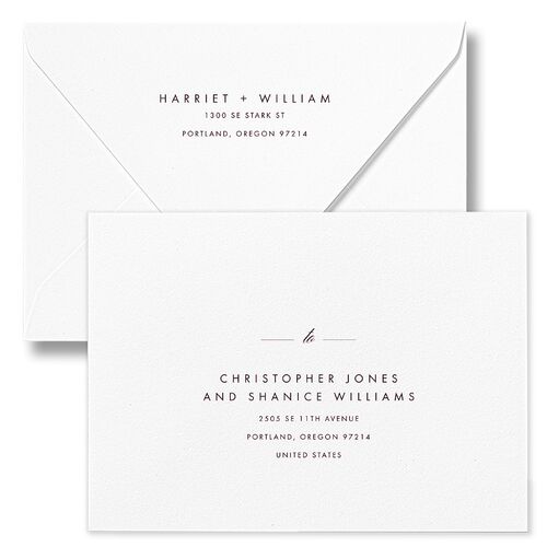 Polished Frame Save The Date Card Euro Envelopes White Burgundy Both Recipient and Return Addresses Luxe Signature