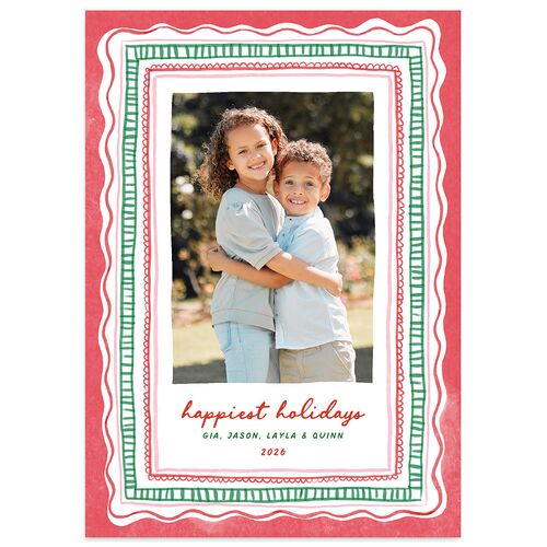 Whimsical Painted Holiday Border Holiday Cards Scarlet Signature smooth Blank Portrait  Standard