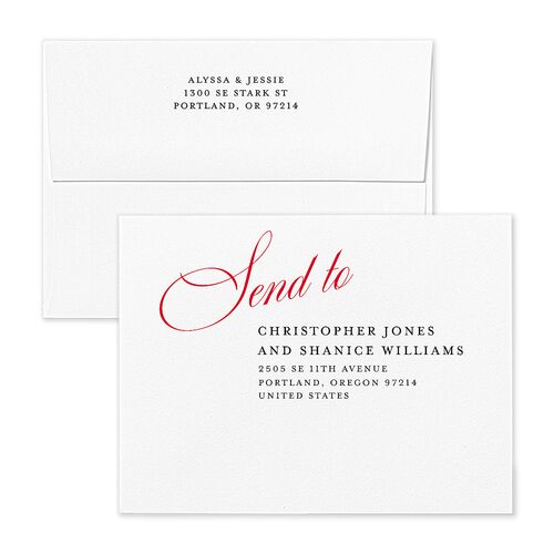 Bold Romantic Type Save the Date Petite Card Envelopes White Shimmer Ruby Both Recipient and Return Addresses Pearlescent Standard