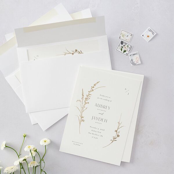 Minimal Wildflower Wedding Invitations Gold Off-White Signature Blank No Standard