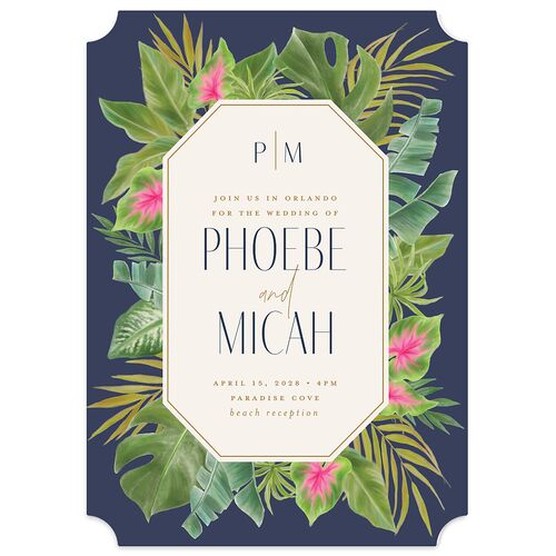 Hawaiian Tropical Monstera Frame Wedding Invitations Moody Blue Signature Blank No Ticket