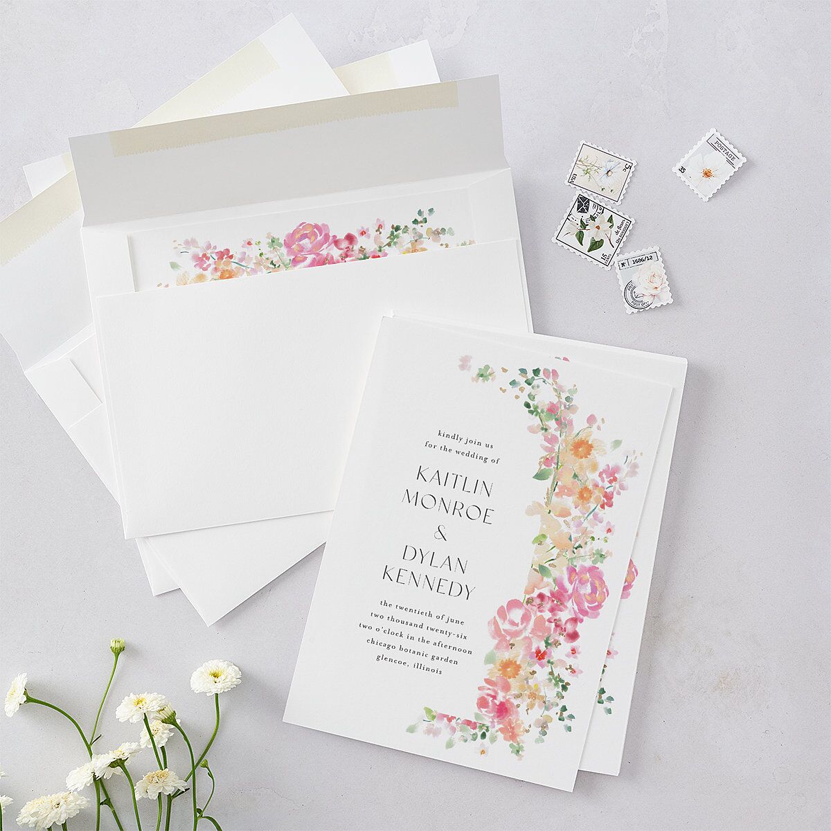 Pastel Flower Arch Wedding Invitations Gold Pink Cotton Signature Blank No