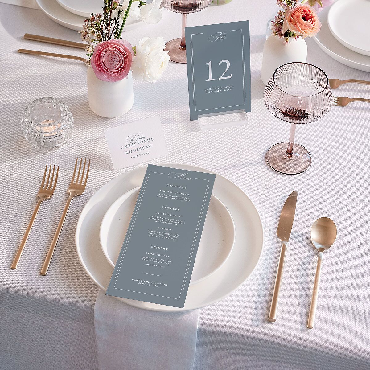 Elegant Photograph Place Cards Dusty Blue Signature