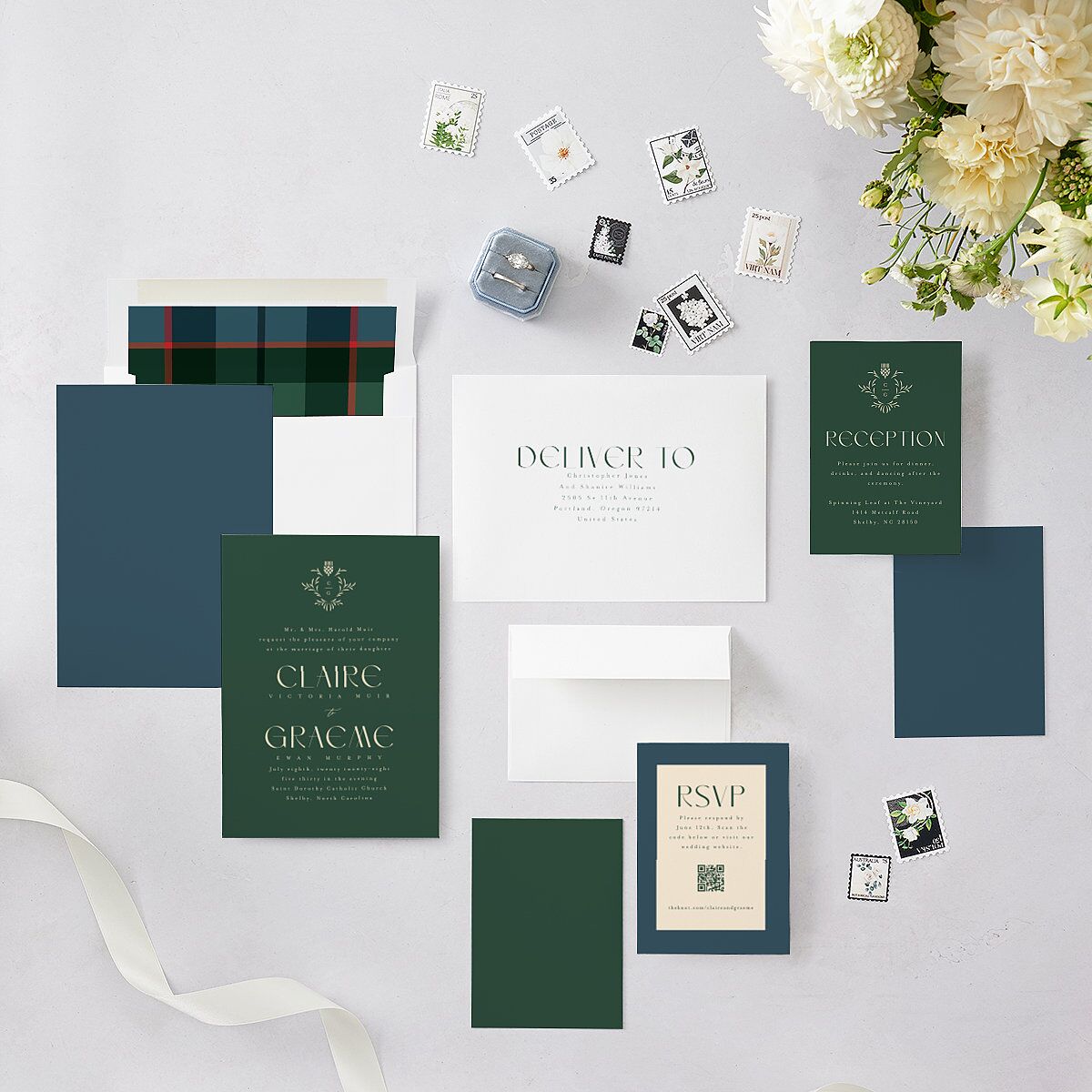 Tartan Crest Wedding Invitations Moody Blue Signature Blank No Standard