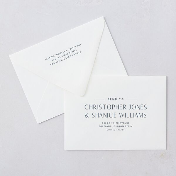 Destination Photo Poster Wedding Invitation Euro Envelopes Dusty Blue White Both Recipient and Return Addresses Luxe Signature
