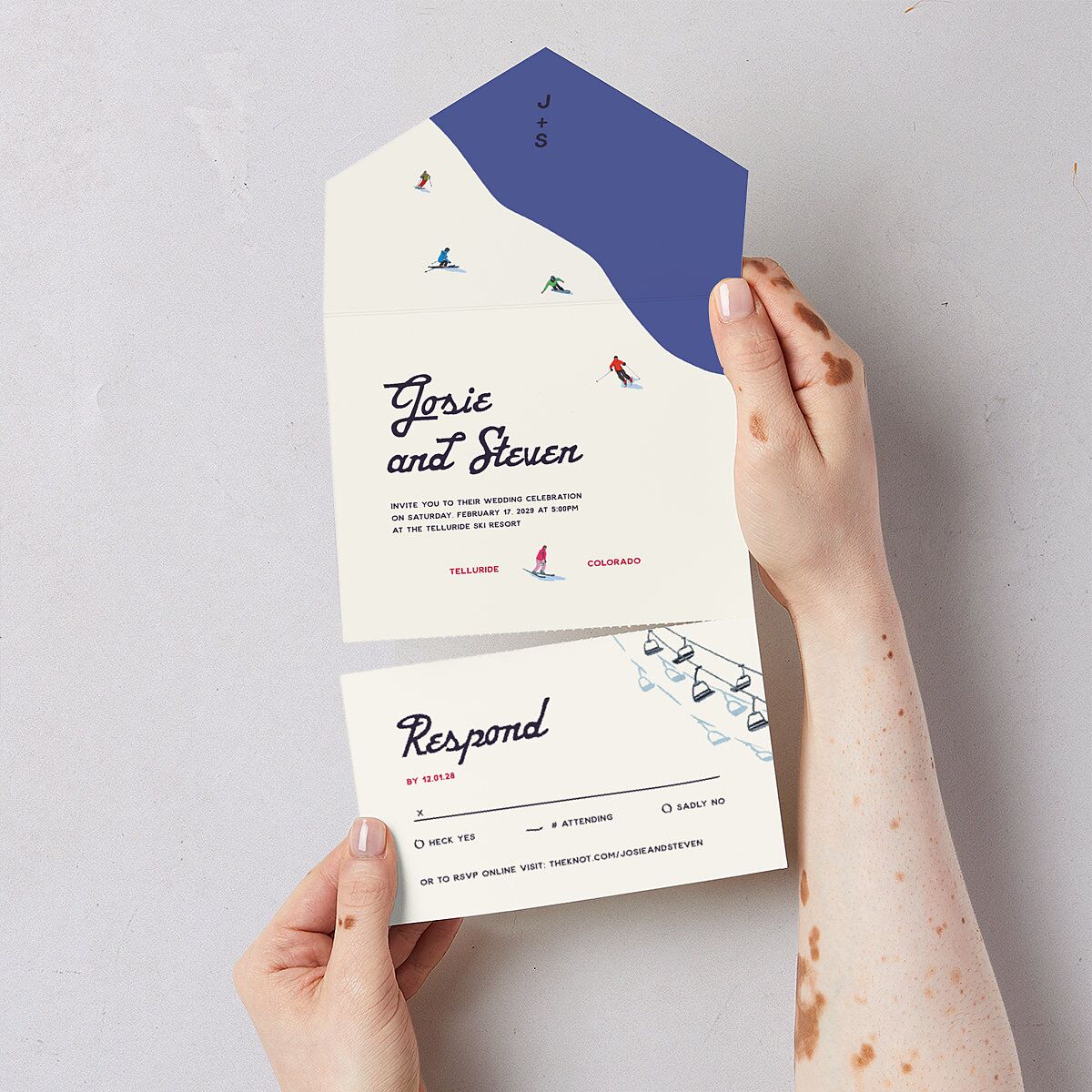 Vintage Retro Ski Poster All-in-One Wedding Invitations Pure White Signature Light Both Recipient and Return Addresses No