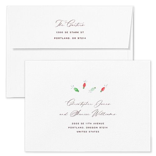 Whimsical Drawn Holiday Lights Holiday Card Envelopes White Merlot Both Recipient and Return Addresses Standard Signature