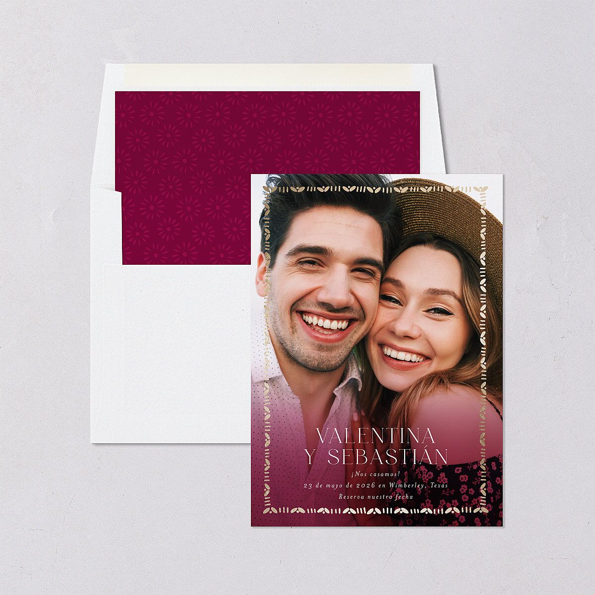 Hacienda Elegante Save The Date Cards Gold Raspberry Signature smooth Blank No Standard