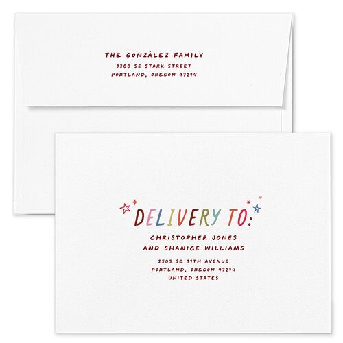 What a Year Whimsical Calendar Photos Holiday Card Envelopes White Maroon Both Recipient and Return Addresses Standard Signature