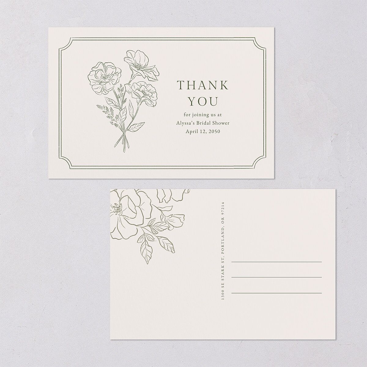Fresh off the Market Garden Vintage Botanical Sketch Bridal Shower Thank You Postcards Dark Camo