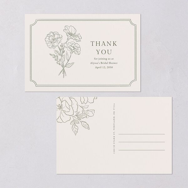 Fresh off the Market Garden Vintage Botanical Sketch Bridal Shower Thank You Postcards Dark Camo