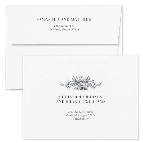 Ornate Vintage Crest Save The Date Card Envelopes White Ice Blue Both Recipient and Return Addresses Signature Standard