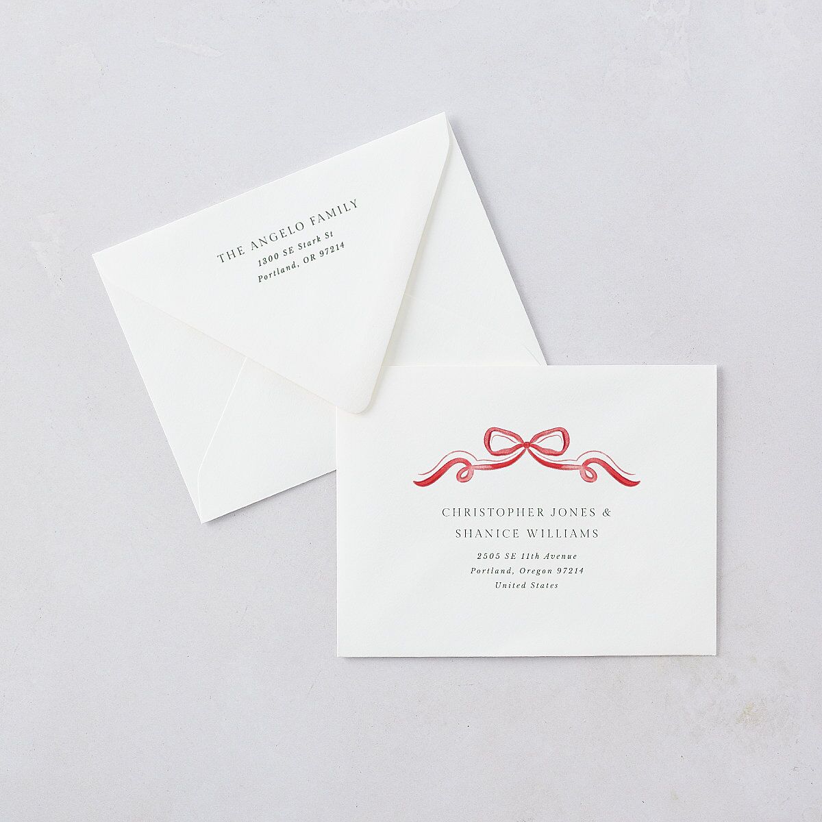 Whimsical Holiday Bow with Garland Thank You Card Euro Envelopes White Ruby Both Recipient and Return Addresses Luxe Signature