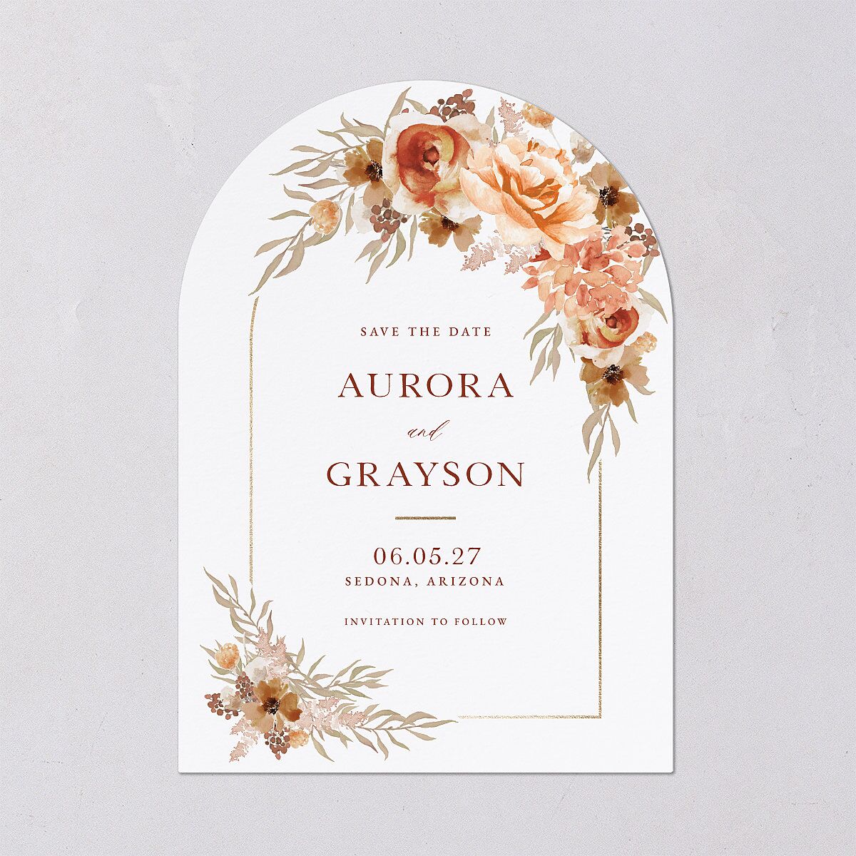 Bohemian Arch Foil Save The Date Cards Gold Rust Signature smooth Blank No Arch