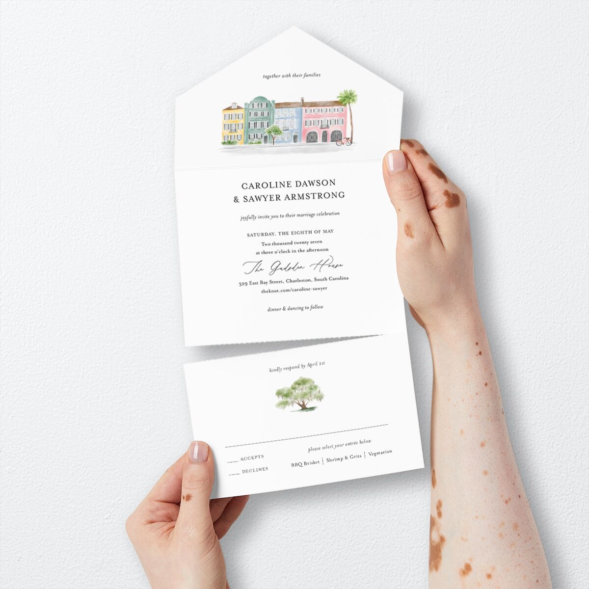 Charming Charleston All-in-One Wedding Invitations Pure White Signature Light Both Recipient and Return Addresses No