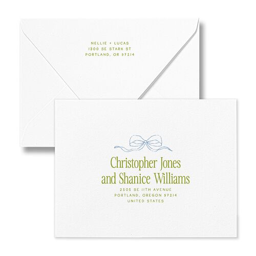 Modern Delicate Bows Save the Date Petite Card Euro Envelopes Peridot White Both Recipient and Return Addresses Luxe Signature