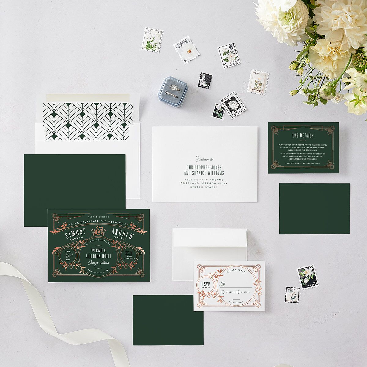 Ornate Elegance Wedding Invitations Rose Gold Dark Emerald Signature Blank No