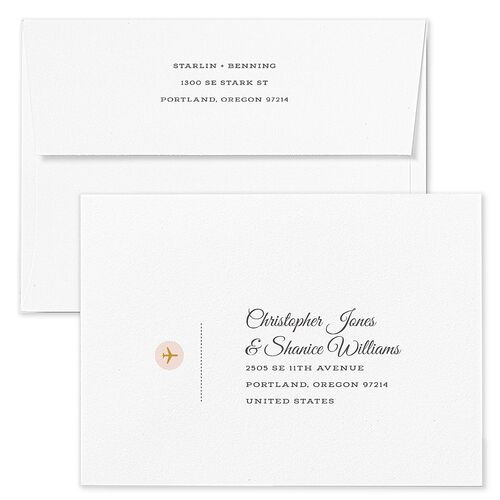 Retro Boarding Pass Travel Ticket Wedding Invitation Envelopes Blue Shy Pink Both Recipient and Return Addresses Standard Signature