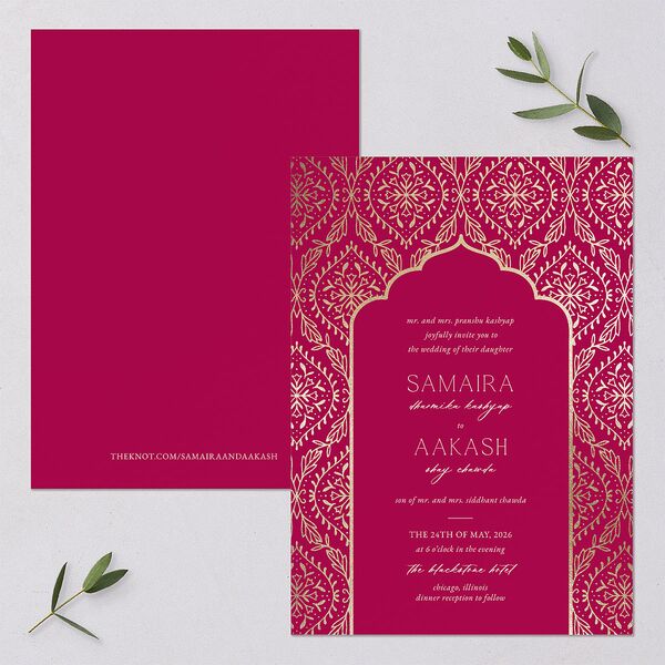 Gilded Lehenga Wedding Invitations Gold Raspberry Signature Blank No