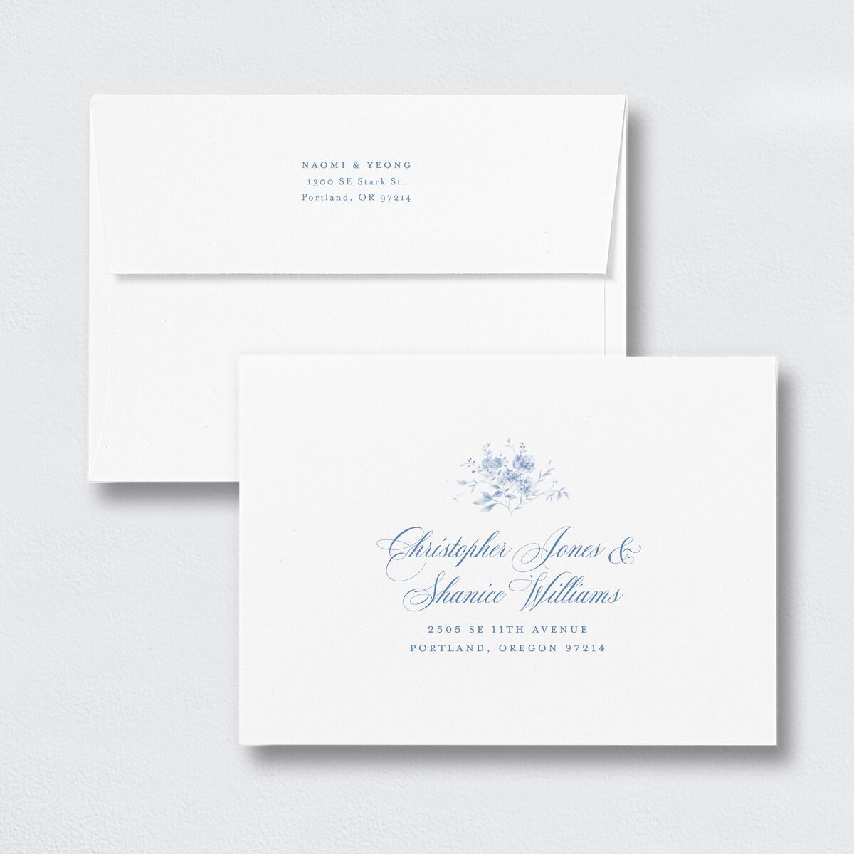 Vintage Florals Bridal Shower Invitation Envelopes White Standard Regency Blue Both Recipient and Return Addresses Signature