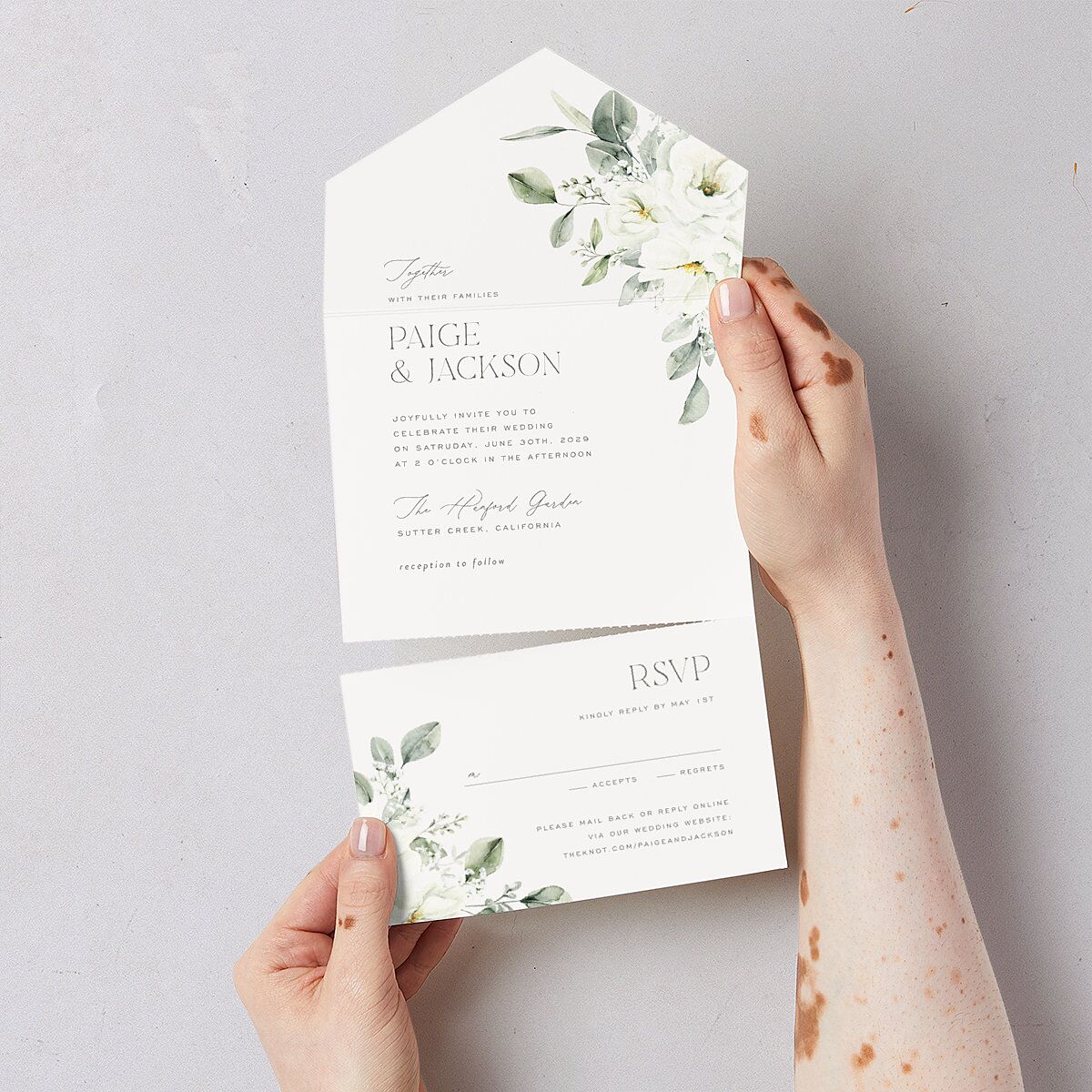 Elegant Pastel Floral All-in-One Wedding Invitations Pure White Signature Light Both Recipient and Return Addresses No