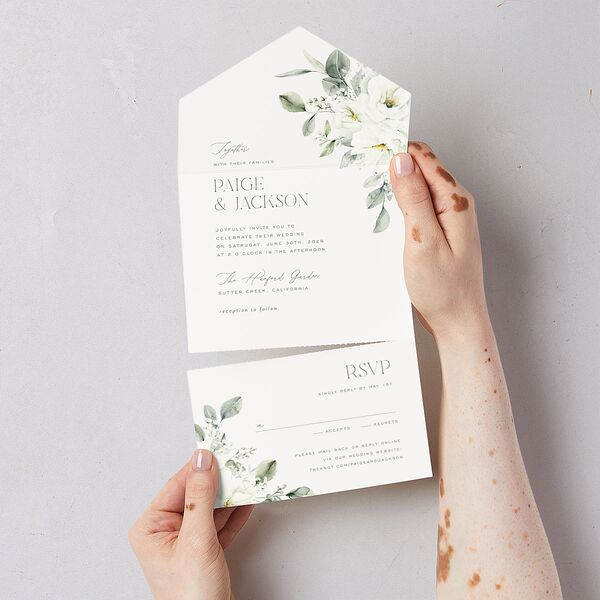 Elegant Pastel Floral All-in-One Wedding Invitations Pure White Signature Light Both Recipient and Return Addresses No