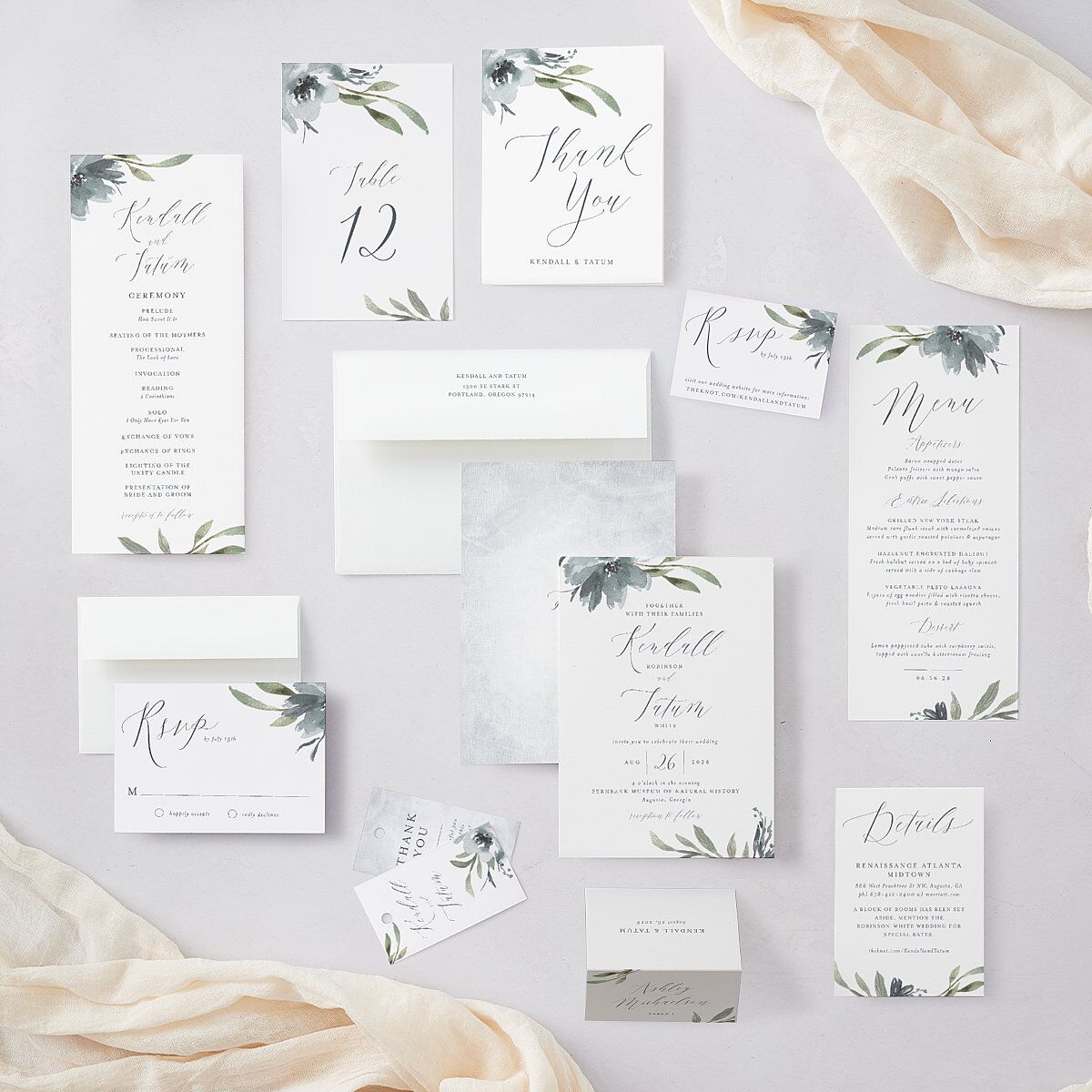 Muted Floral Wedding Invitations  Dusty Blue Signature Blank No Standard