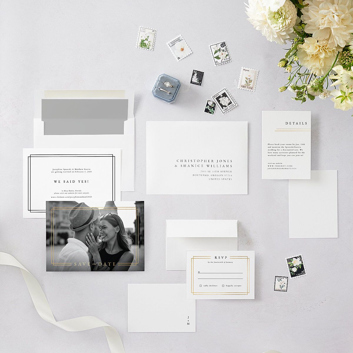 Double Frame Save The Date Cards Gold Pure White Signature smooth Blank No Standard