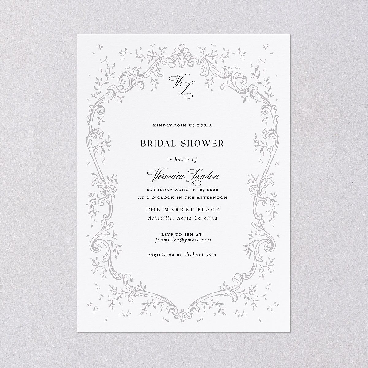 Formal Opulent Frame Bridal Shower Invitations Pure White Signature Blank Standard