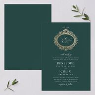 Glamorous Crown Monogram Crest Wedding Invitations by Bridgerton Gold Deep Lake Signature Blank No