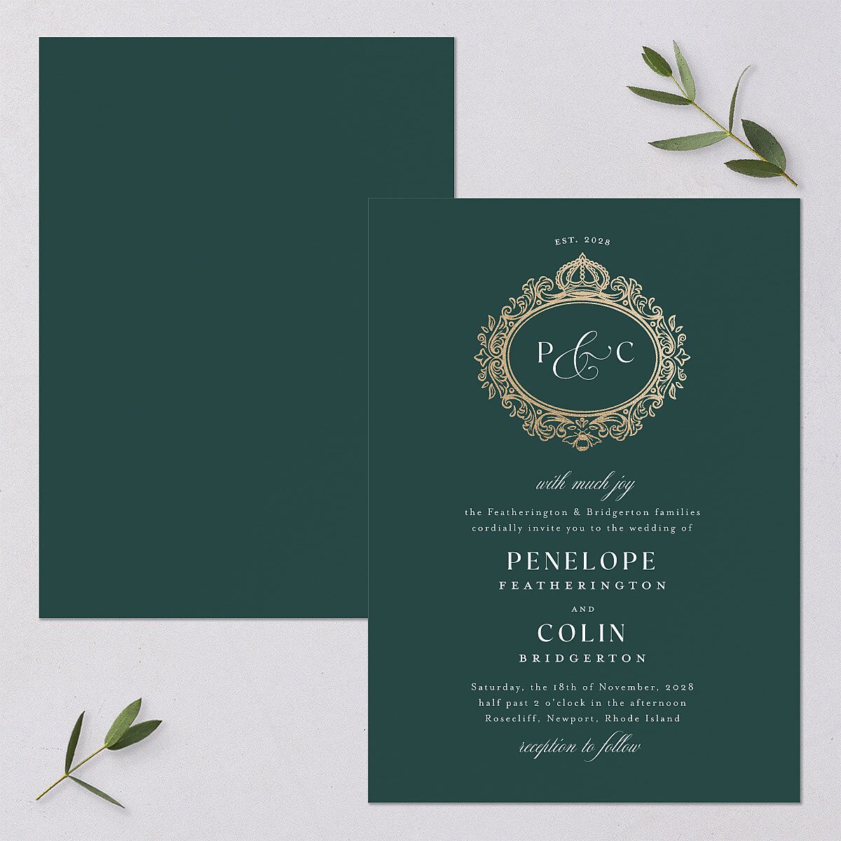 Glamorous Crown Monogram Crest Wedding Invitations by Bridgerton — view 1