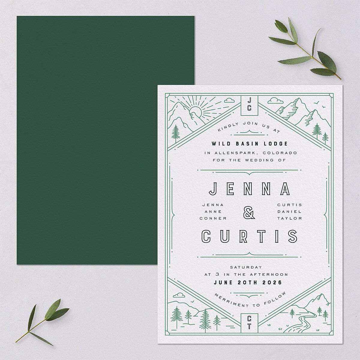 Iconic Mountain Wedding Invitations Dark Green Signature Blank No Standard